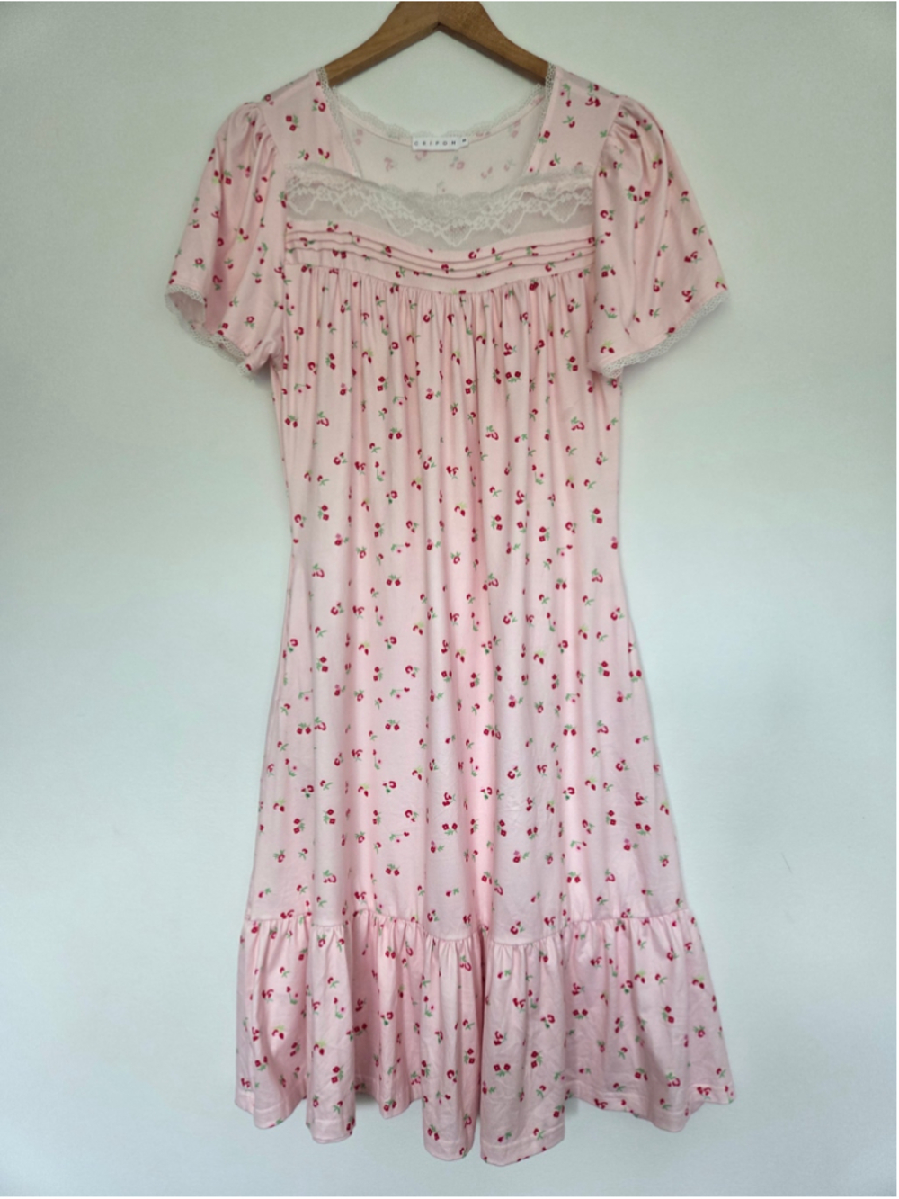 Ditsy Floral Nightgown Sleep Dress Size Small Pink Red Romantic Lace Trim Ruffle